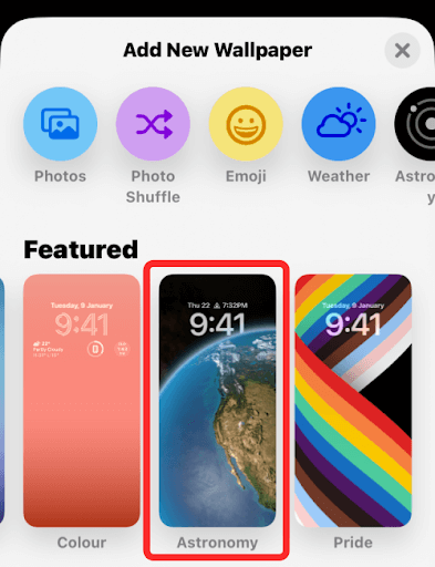 The Add New Wallpaper screen will now display. You can set your wallpaper from a variety of options available under Photos, Photo Shuffle, Featured, Emoji, Collections, Astronomy, Weather, and Color. 