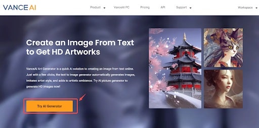 To begin, go to the product page and select "Try AI Generator" to access the VanceAI Art Generator Workspace.